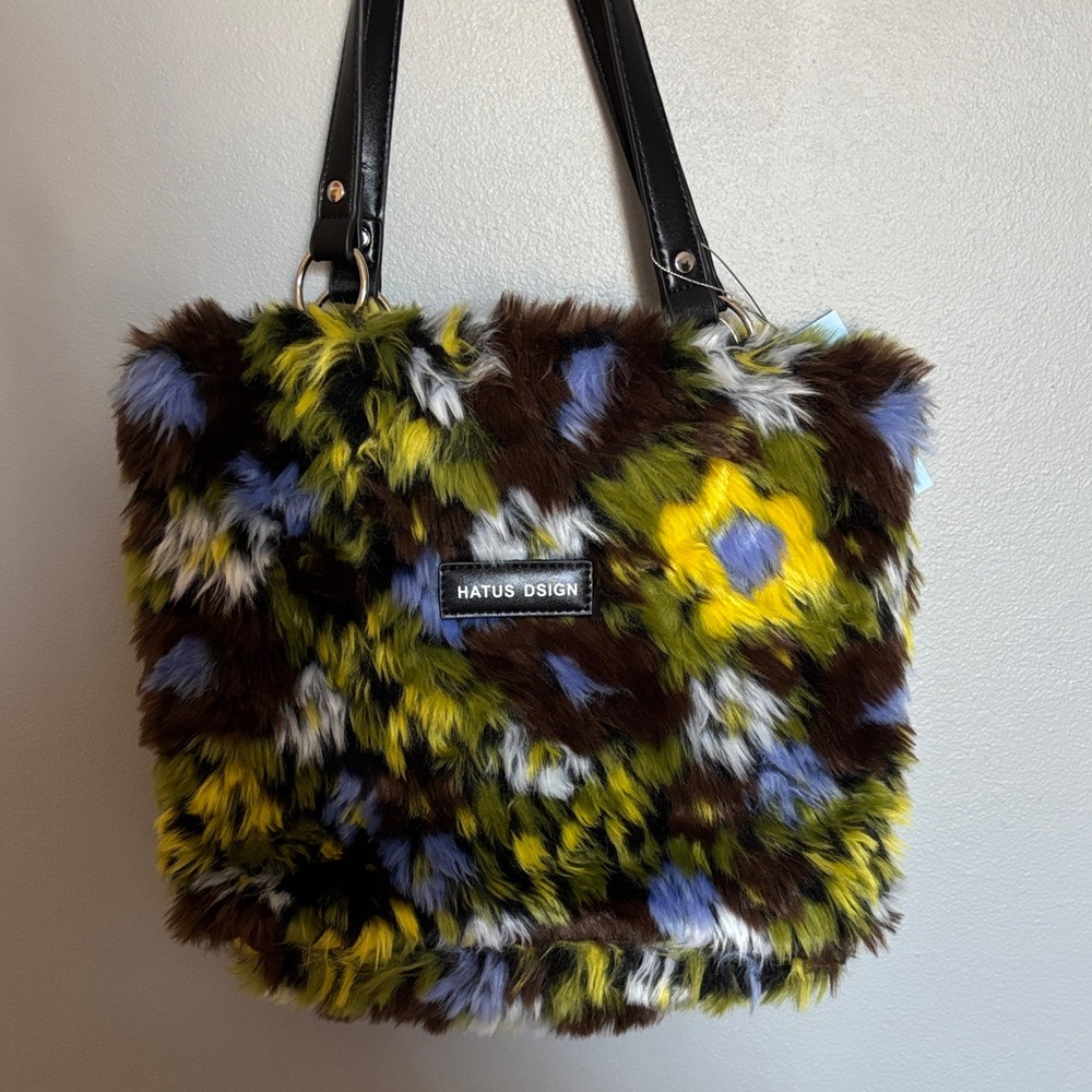 Hatus Dsign Plush Multi-Color Faux Fur Tote - Brown, Yellow & Blue